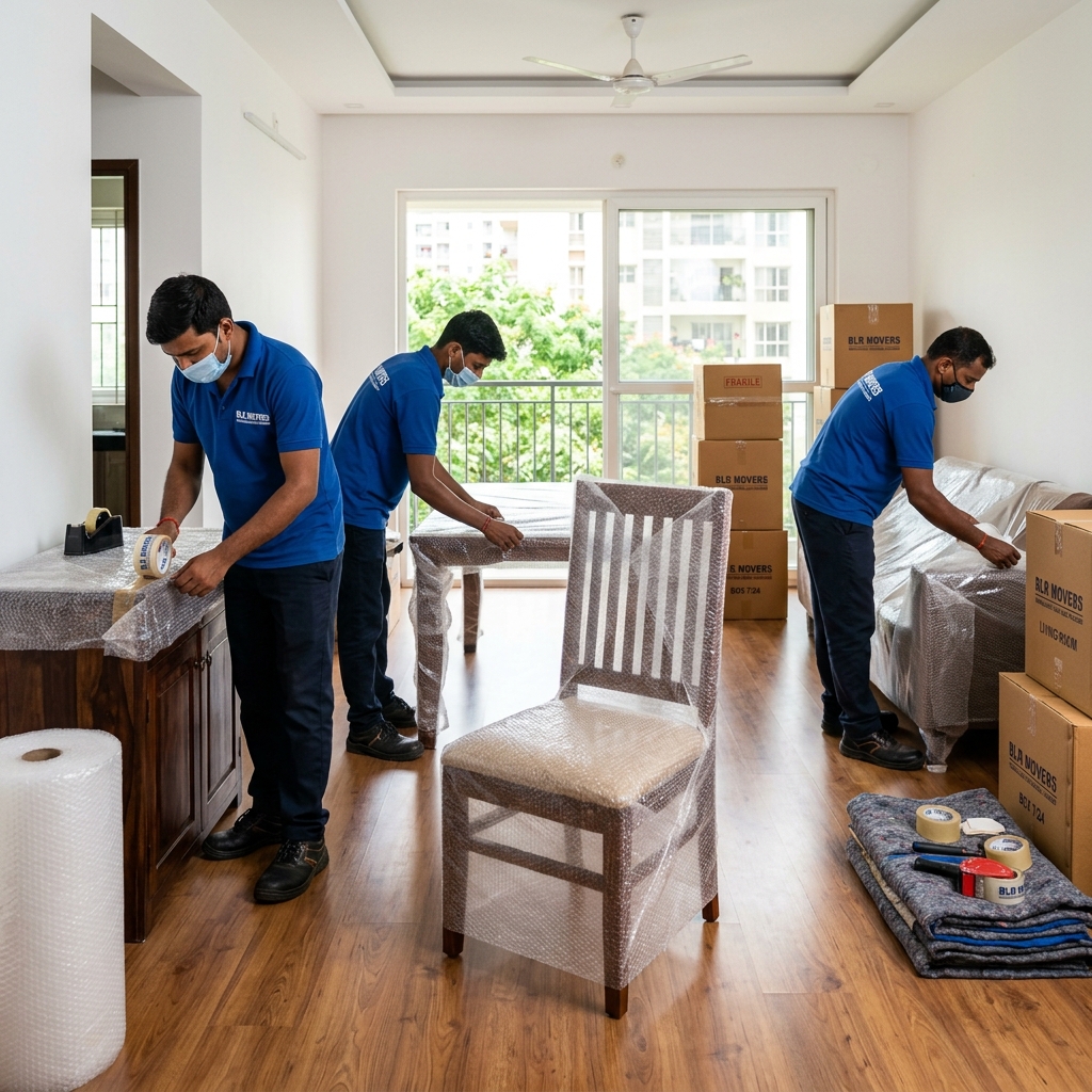 Our team carefully packing furniture and boxes in a Bangalore apartment